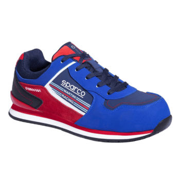 Grand Prix Racewear racing shoe in blue, red, and black with Sparco branding, designed for motorsport enthusiasts and racers.