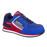 Blue, red, and black Sparco racing shoe designed for motorsport safety and performance, featuring branding and lightweight construction.
