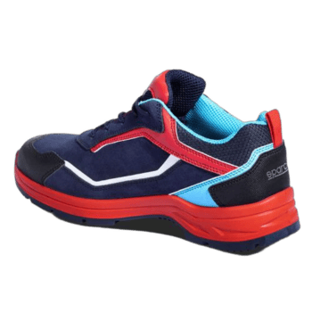 Sparco racing shoe in navy blue with red and light blue accents, designed for motorsport safety and performance.