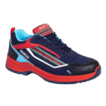 Grand Prix Racewear racing shoe in navy blue, red, and light blue with racing branding and lightweight design for motorsport enthusiasts.