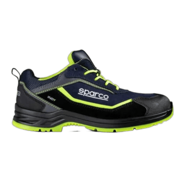 Sparco racing shoe designed for motorsport safety and performance, featuring black and neon yellow accents, lightweight construction, and durable materials.