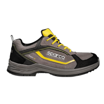 Sparco racing shoe designed for motorsport safety and performance, featuring grey, black, and yellow accents with durable construction.