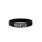 Black Sparco silicone wristband with white logo for motorsport enthusiasts.