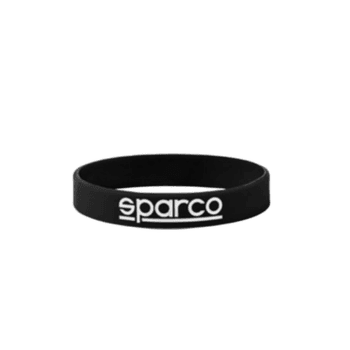 Black Sparco silicone wristband with white logo for motorsport enthusiasts.