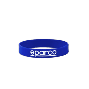 Blue silicone wristband with white 'Sparco' logo, ideal for motorsport enthusiasts and racewear accessories.