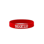 Red Sparco silicone wristband with white logo, ideal for motorsport fans and racers.