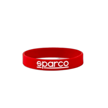 Red Sparco silicone wristband with white logo, ideal for motorsport fans and racers.