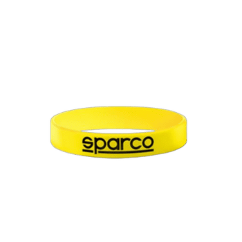 Yellow Sparco silicone wristband with black logo, ideal for motorsport fans and racers.