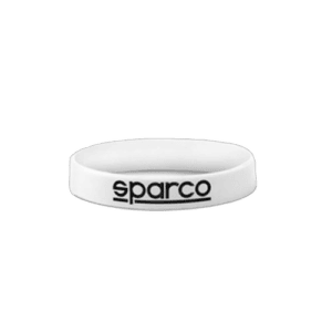 White silicone wristband with black 'sparco' logo, designed for motorsport enthusiasts and racewear fans.