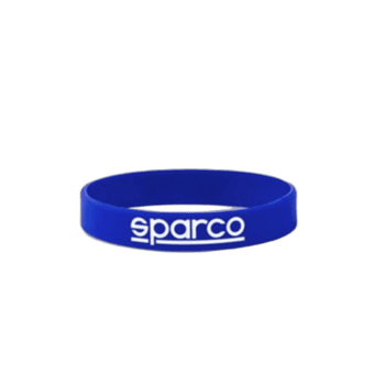 Blue silicone wristband with white 'sparco' logo, ideal for motorsport enthusiasts and racewear accessories.