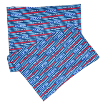 Grand Prix Racewear branded racing shorts in blue, red, and white with logo pattern for motorsport enthusiasts.