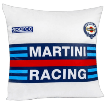 Racing pillow featuring Martini Racing and Sparco logos, ideal for motorsport enthusiasts and race car fans.