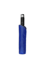 Blue and black electronic cigarette with a sleek design, featuring a silver top and a small display screen.