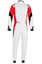 Grand Prix Racewear racing suit in white, red, and black with sponsor logos, designed for motorsport drivers.