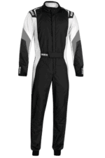 Grand Prix Racewear racing suit in black and white with protective padding, designed for motorsport drivers for safety and performance.