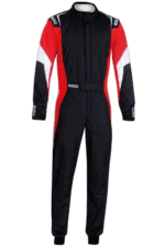Grand Prix Racewear racing suit in black, red, and white with sponsor logos, designed for motorsport drivers.