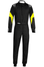 Grand Prix Racewear racing suit in black with yellow accents, designed for motorsport safety and performance.