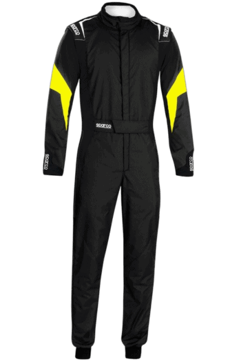 Grand Prix Racewear racing suit in black with yellow accents, designed for motorsport safety and performance.