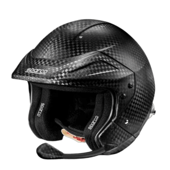 Carbon fibre racing helmet by Sparco, designed for motorsport safety and performance, featuring aerodynamic vents and a secure fit.