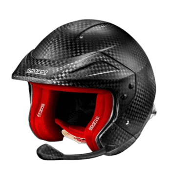 Carbon fibre racing helmet with red interior padding, designed for motorsport safety and performance.