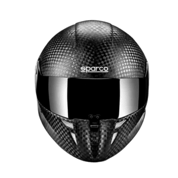 Carbon fibre racing helmet by Sparco with a reflective visor, designed for motorsport safety and performance.