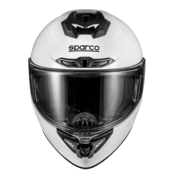 Sparco racing helmet with black visor and aerodynamic design, ideal for motorsport safety and performance.