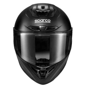 Black Sparco racing helmet with visor, designed for Grand Prix racewear and motorsport safety.