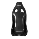 Black Sparco racing seat designed for motorsport safety and comfort, featuring cutouts for harnesses and ergonomic support.