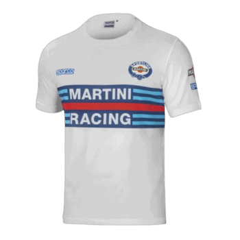 White Grand Prix racing T-shirt featuring Martini Racing logo and sponsor patches, ideal for motorsport fans and racing enthusiasts.