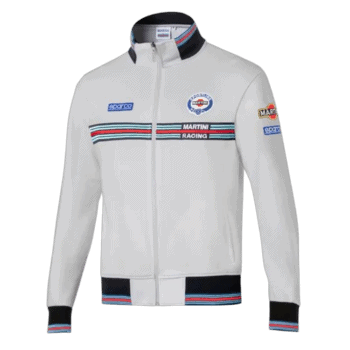 Grand Prix Racewear white racing jacket with Martini Racing and Sparco logos, designed for motorsport enthusiasts.