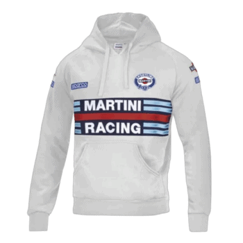 White Martini Racing hoodie with blue, red, and black racing stripes and sponsor logos, ideal for motorsport fans and racewear enthusiasts.