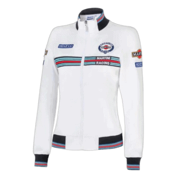 Grand Prix Racewear white racing jacket with Martini Racing and Martex logos, featuring blue, red, and black accents, designed for motorsport enthusiasts.
