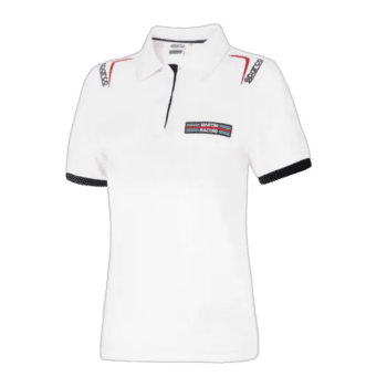 White racing polo shirt with Martin Racing logo, designed for motorsport enthusiasts and racewear fans.