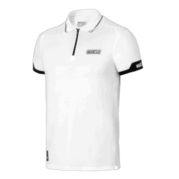 White Sparco racing polo shirt with black accents, featuring a zip collar and logo, ideal for motorsport enthusiasts and racewear fans.
