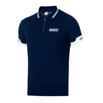 Sparco branded navy blue polo shirt with white accents, ideal for motorsport enthusiasts and racewear fans.
