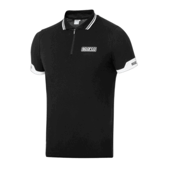 Black Sparco racing polo shirt with white accents and logo, designed for motorsport enthusiasts and racewear.