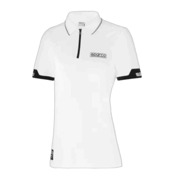White Sparco racing polo shirt with black accents and zip collar, ideal for motorsport enthusiasts and racewear fans.