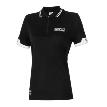 Black Sparco racing polo shirt with white accents, ideal for motorsport enthusiasts and racewear fans.