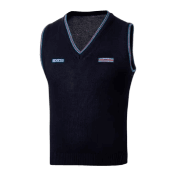 Black racing vest with blue and red trim, featuring Sparco logo, designed for motorsport safety and comfort.
