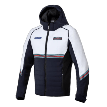 Grand Prix Racewear racing jacket with hood, featuring white, navy, and red accents, designed for motorsport enthusiasts and racers.