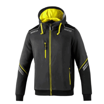 Sparco racing hoodie in black with yellow accents, featuring a front zipper and hood, designed for motorsport enthusiasts and racewear fans.