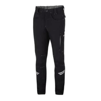 Black Grand Prix Racewear racing trousers with reflective details and zippered pockets, designed for motorsport safety and performance.