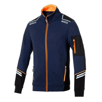 Sparco racing jacket in navy blue with orange accents, designed for motorsport enthusiasts and racewear fans.