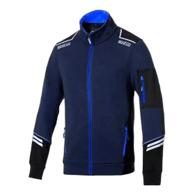Grand Prix Racewear blue racing jacket with white and black accents, featuring a high collar and zip closure, designed for motorsport enthusiasts.