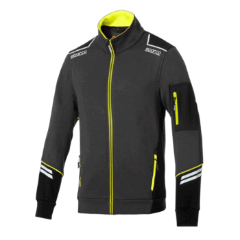 Grand Prix Racewear racing jacket in black with yellow accents, featuring Sparco branding and multiple zippered pockets for motorsport enthusiasts.