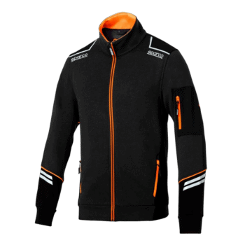 Black Sparco racing jacket with orange accents, high collar, and multiple zippered pockets, designed for motorsport enthusiasts.