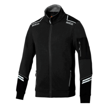 Black Sparco racing jacket with white accents, ideal for motorsport enthusiasts and racewear fans.