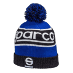 Blue and black Sparco racing beanie hat with pom-pom, featuring the Sparco logo in white and black.