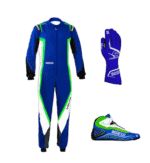 Grand Prix Racewear racing suit, gloves, and shoes in blue, green, and white, designed for motorsport enthusiasts and professional racers.