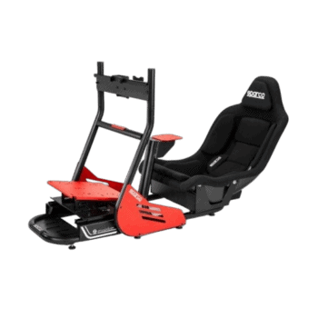 SPARCO racing seat with integrated motion platform for sim racing, featuring black and red design and adjustable components.